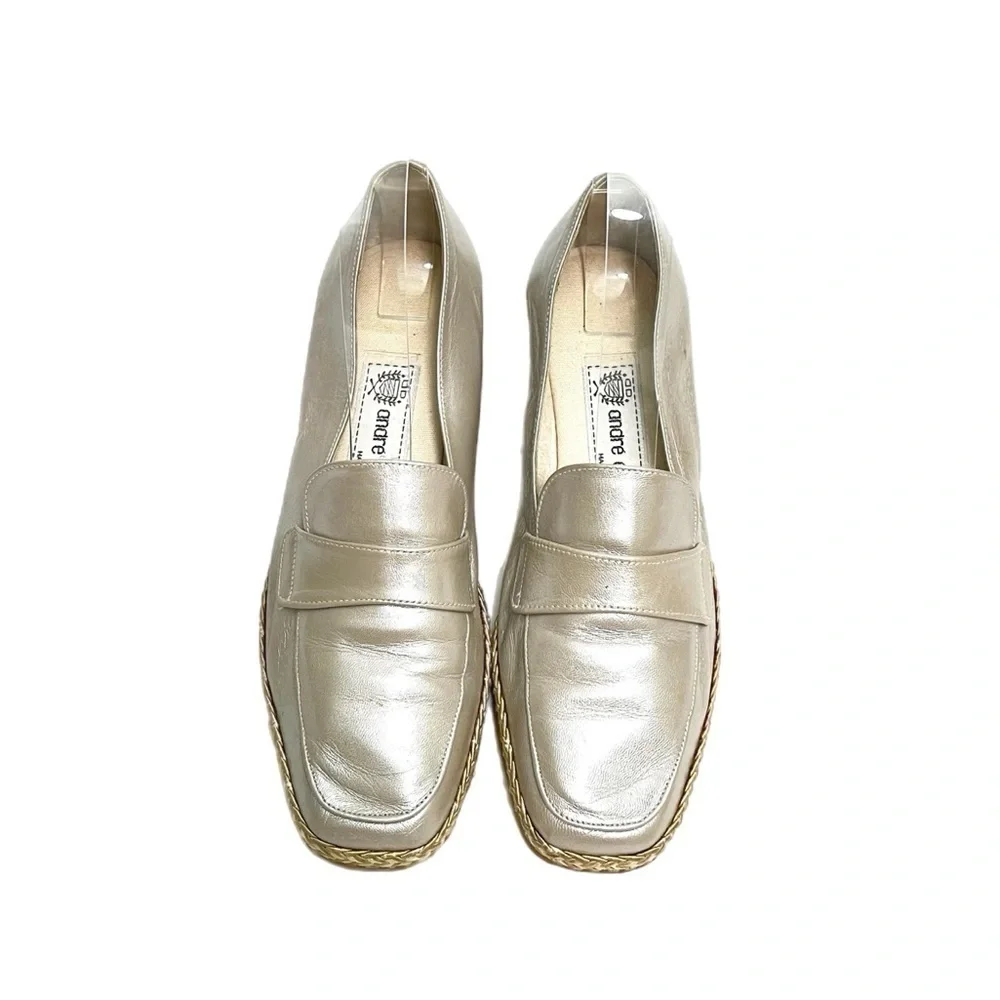 Vintage 1990s metallic silver leather slip on wedge espadrille loafers